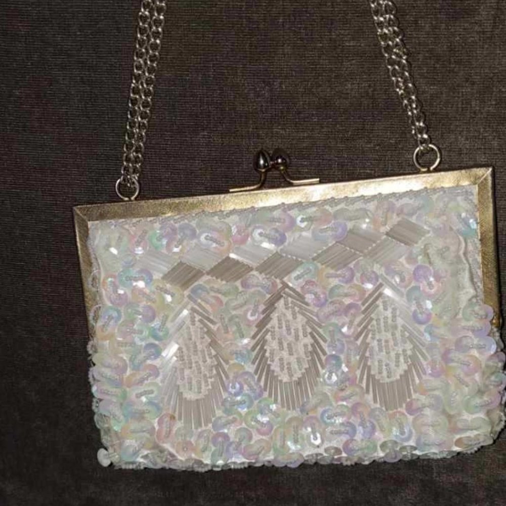 Vtg Kiss-Lock Bag Evening Sequin Hand Craft Hong Kong